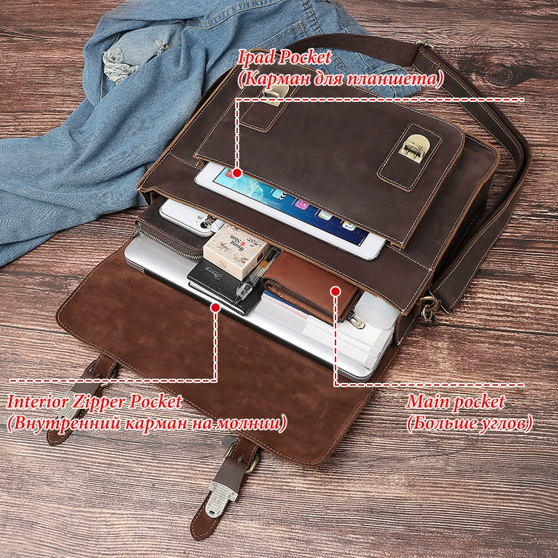 Retro one-shoulder bag, capacious laptop, business version, genuine leather