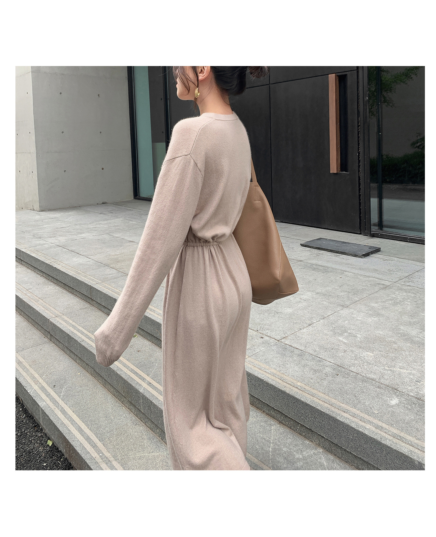 Dress Autumn Winter Simple Temperamental Slimming Solid Color Mid Length over the Knee Drawstring Waist Knitted Dress Women