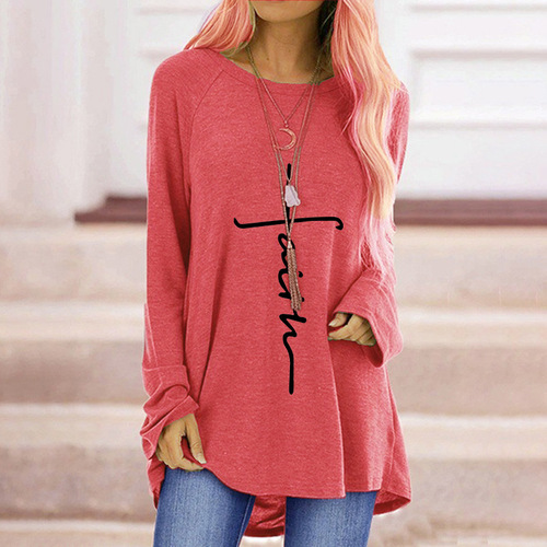 wisheBay Autumn Cross Print Loose Round Neck Long Sleeve T-Shirt for Women - Fast Shipping