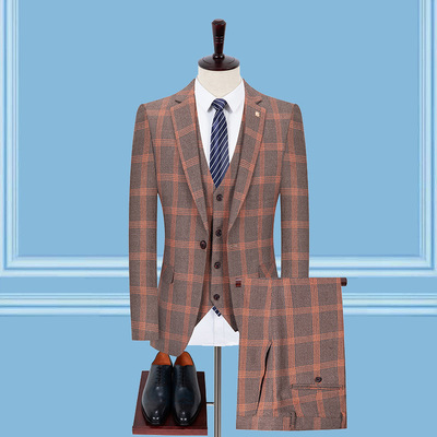 新款男式西服套裝韓版套裝三件套定制商務格紋西裝婚禮伴郎服修身