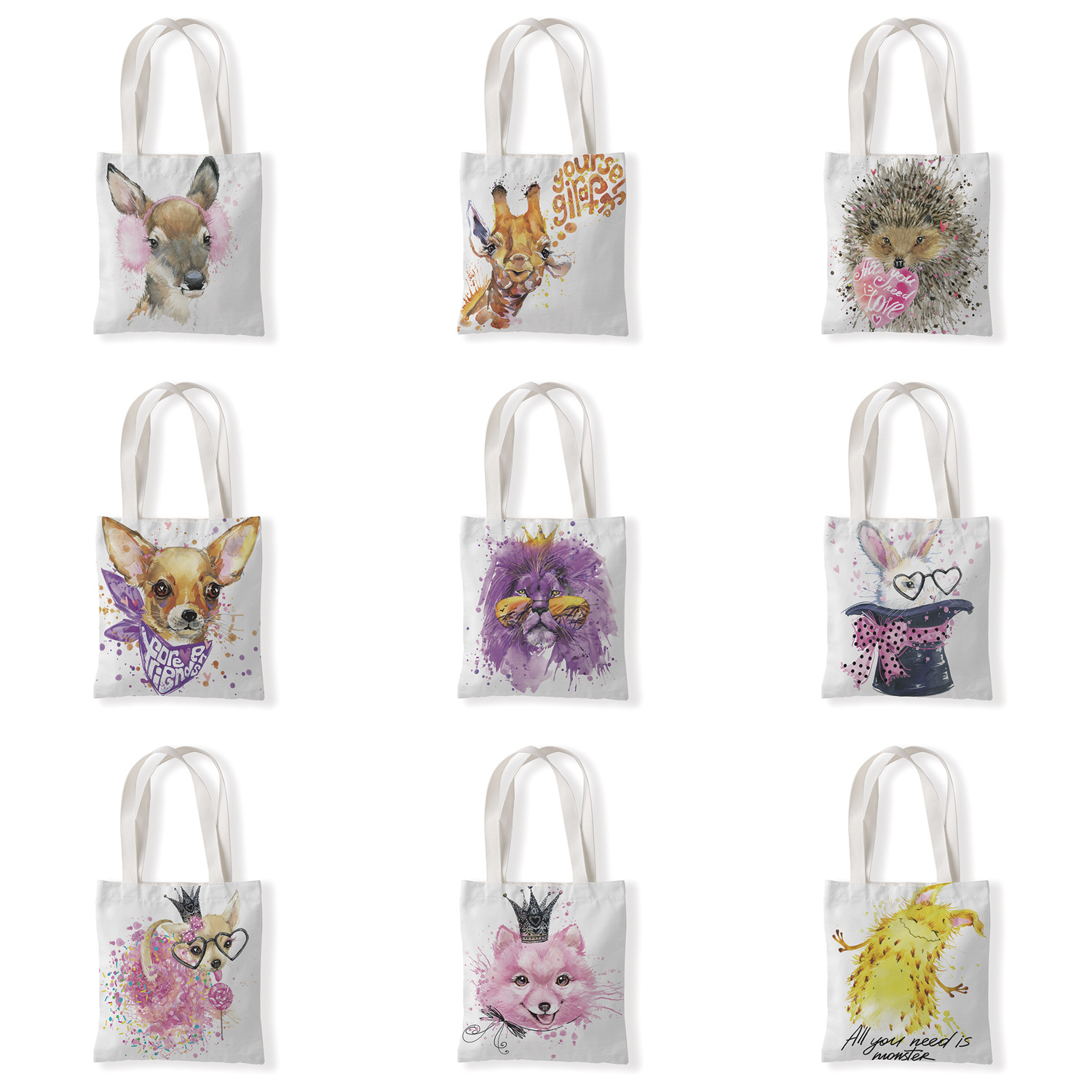 卡通动物头像帆布袋百搭包单肩袋学生休闲零钱袋手拎包环保购物袋