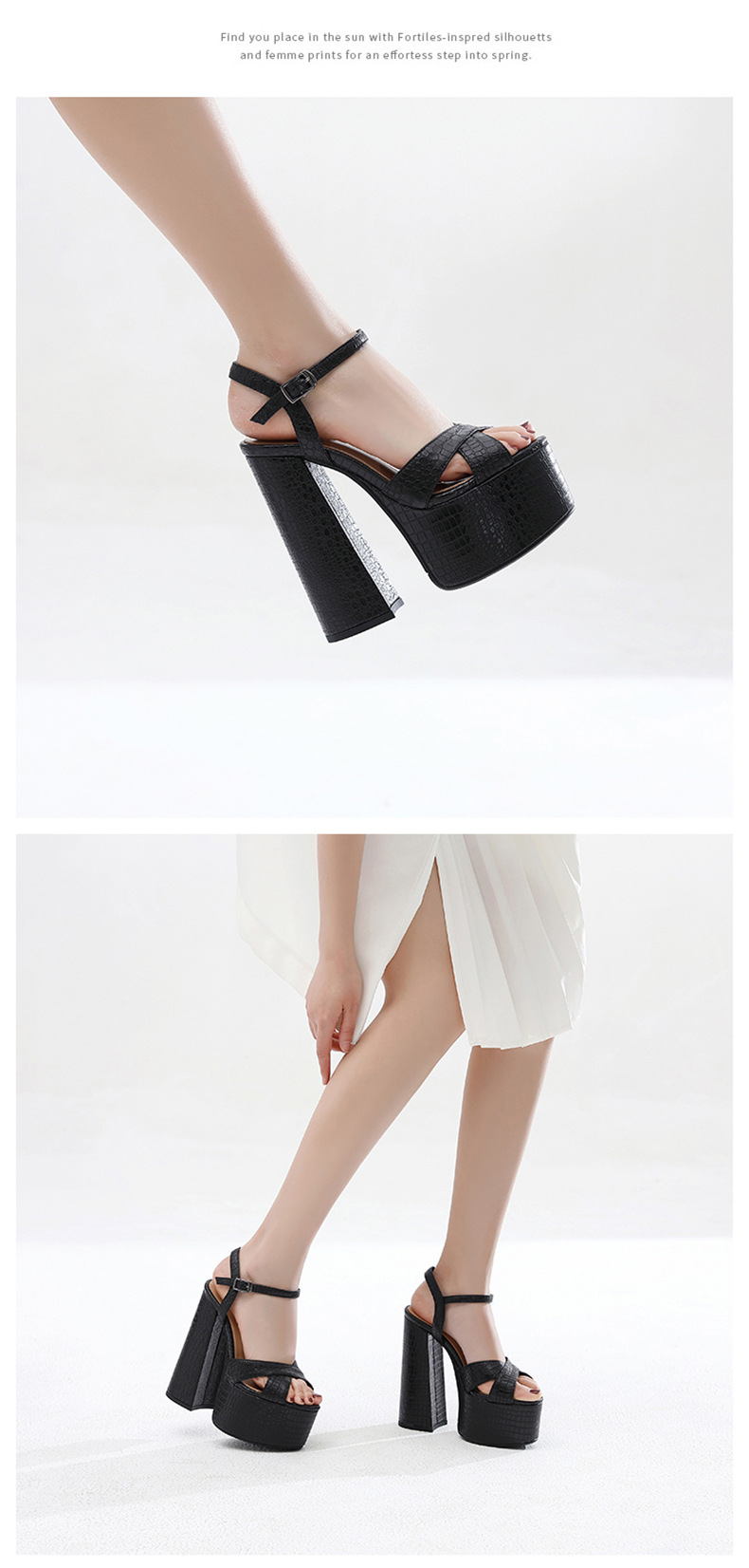 Sandal cao gót nữ mũi hở đế platform chunky da thật gót dày — Màu đen mờ chi tiết 5
