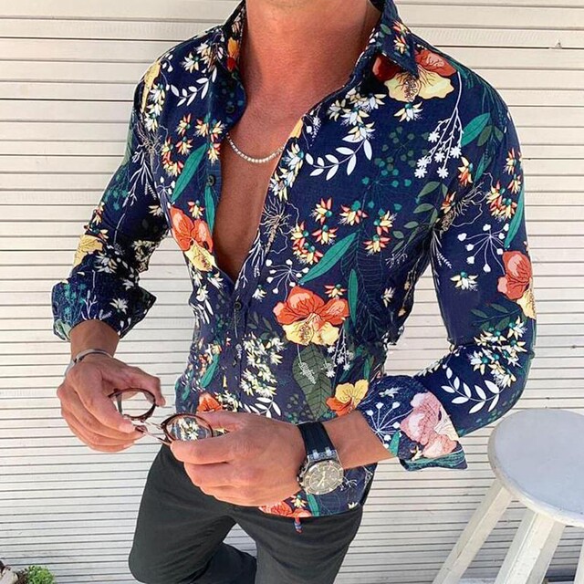 Men’s floral shirt long sleeve casual shirt fashion Lapel stand collar slim shirt men’s wear