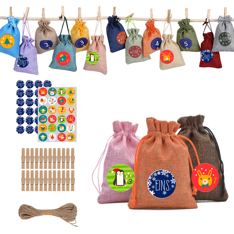 现货24色圣诞麻布束口袋套装抽绳圣诞节糖果袋圣诞降临日历礼品袋