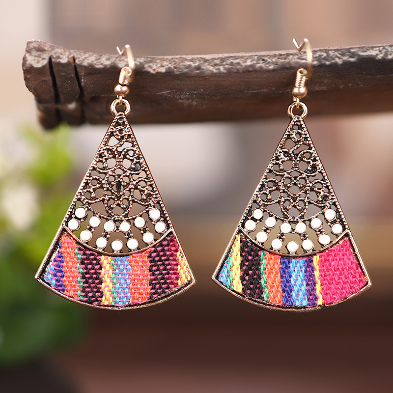 Fan-shaped Hollow Fabric Oil Drop Retro Earrings Female Wholesale display picture 3