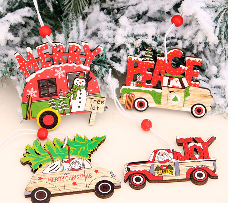 New Christmas Painted Wooden Small Pendant Christmas Decorations Christmas Tree Colorful Elderly Car Pattern Pendant display picture 1