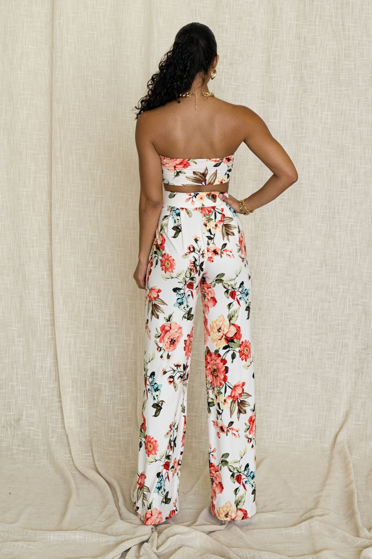 Print Lace-Up Tube Top Slim Top & Trousers 2 Piece Suit NSHT114050