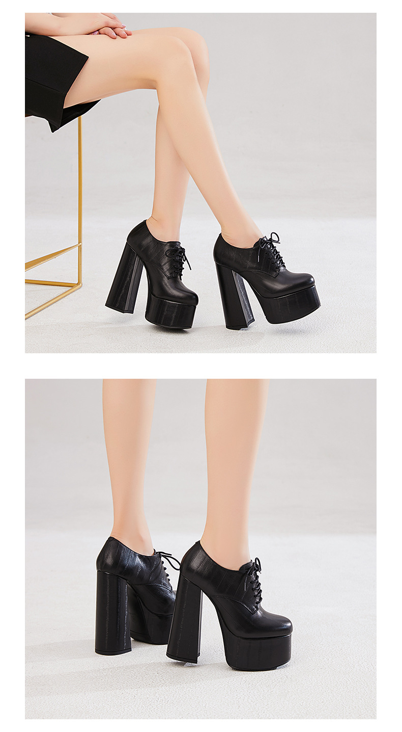 Giày cao gót nữ mũi tròn đế xuồng platform dây buộc da bò siêu cao gót 14,5 cm — Màu đen da cừu lộn chi tiết 10