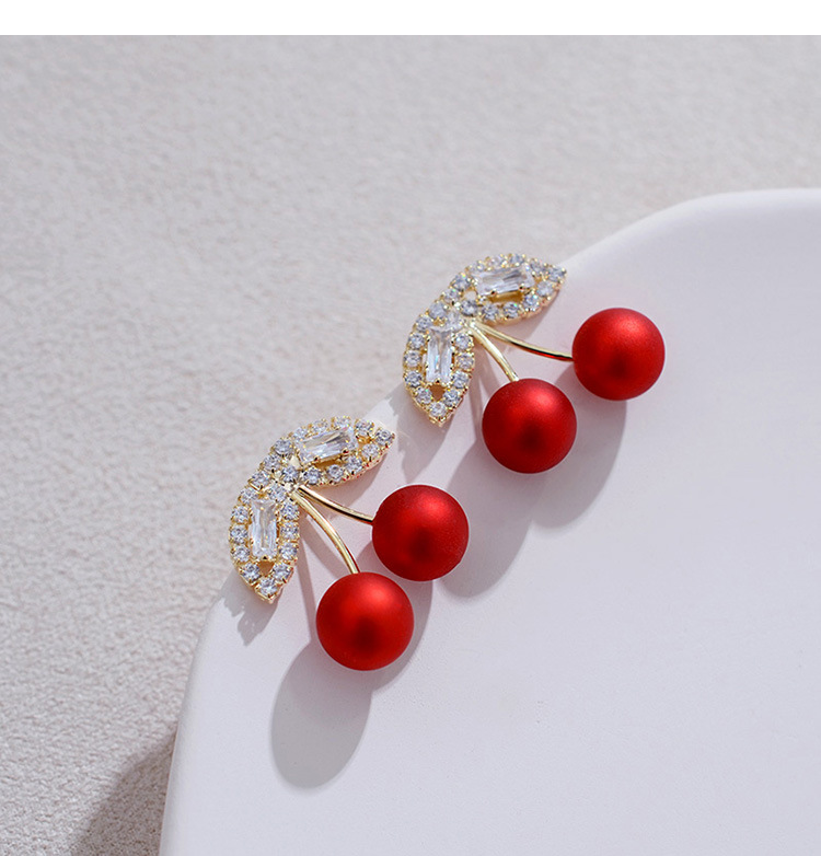 S925 Silver Needle Red Cherries Earrings display picture 4