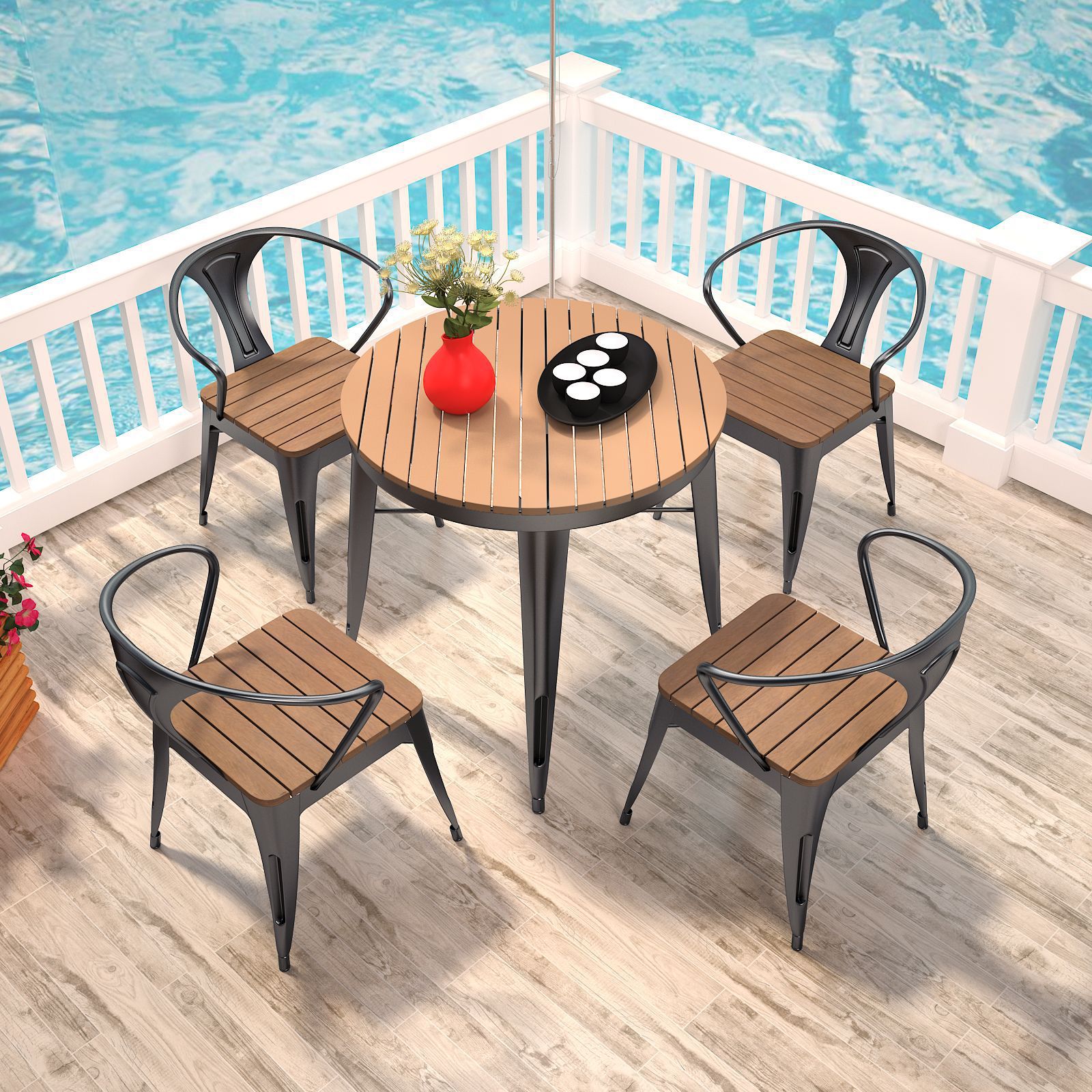Leisure plastic wooden outdoor table chair coffee shop Rizhao sunscreen and rust -proof round table chair open -air tea shop negotiated tables and chairs