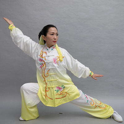 Tai chi clothing chinese kung fu uniforms Yingtang gradually embroidered Taifu yellow white transition training uniform Taiquan Performance Martial Arts Competition uniform