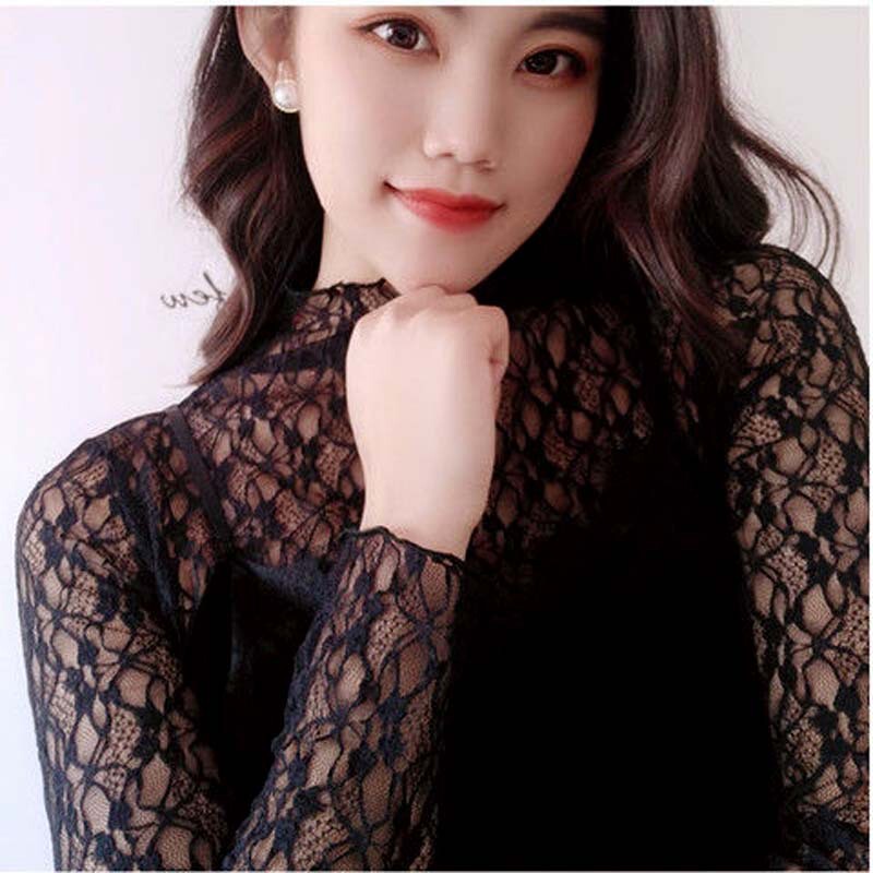 Lace Shirt Autumn Mesh Transparent Top Women's Long-sleeved Tulle See-through Hyuna Same Style Lace Base Shirt