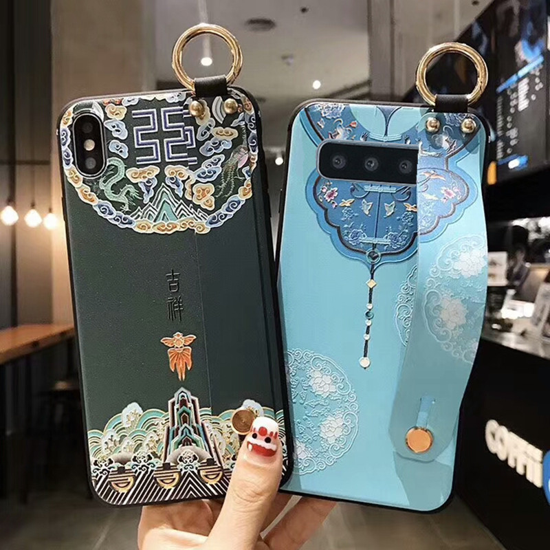 Retro Chinese style for Samsung note20 phone case iphone12 wrist strap flexible glue s21fe protective case A52