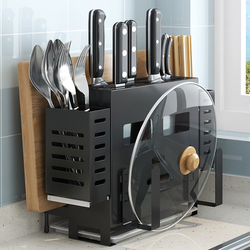 Integrated knife, chopsticks, pot lid, multifunctional storage rack, black stainless steel kitchen storage rack with water tray