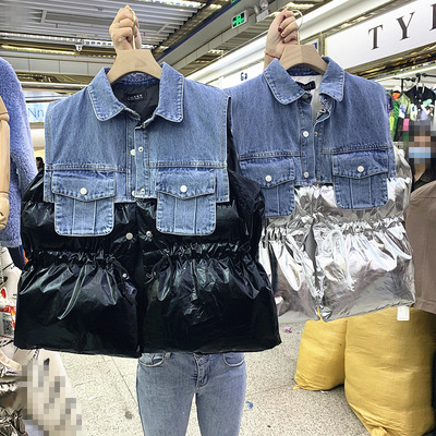 网红牛仔拼接棉马甲女2020冬新款收腰坎肩背心假两件短款棉衣外套