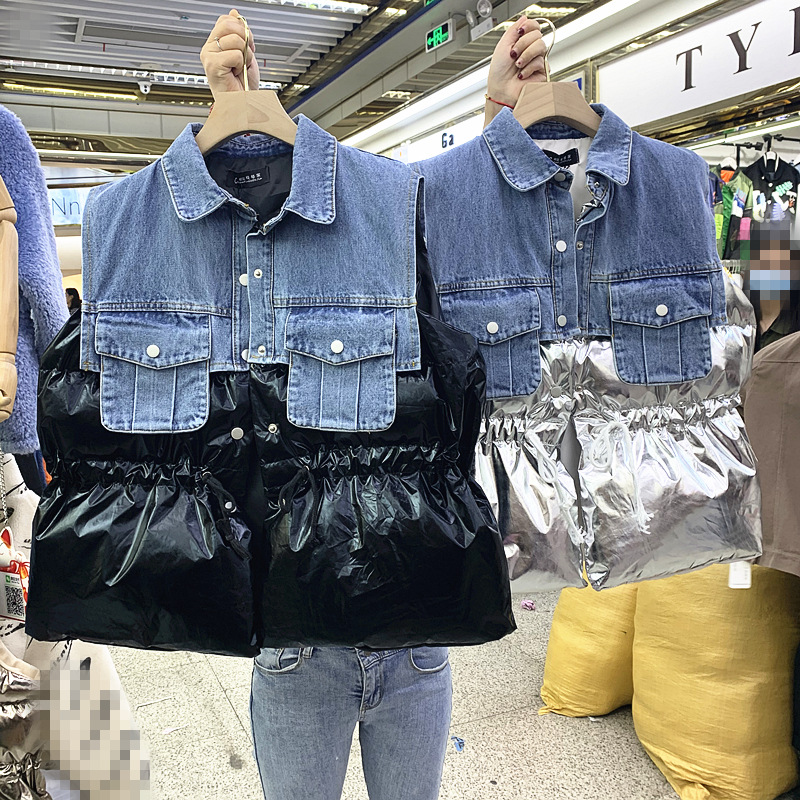 网红牛仔拼接棉马甲女2020冬新款收腰坎肩背心假两件短款棉衣外套