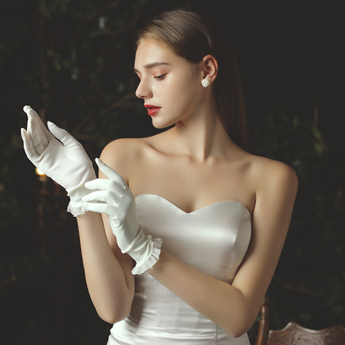 New bridal wedding dress gloves short tulle pearl white gloves