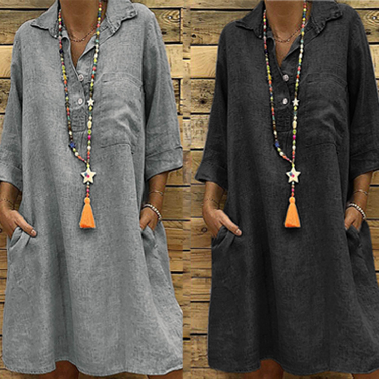232g Weight Knee-Length Dress Length Type 3/4 Length Sleeve Sleeve Length Wholesale Women'S Streetwear Patchwork Solid Color Holiday Street Shirt Collar 3/4 Length Sleeve Shirt Dress