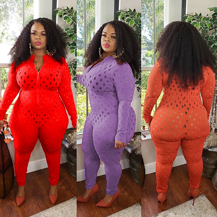 2020秋冬外贸欧美大码女装时尚修身纯色镂空网布拉链长袖连体裤