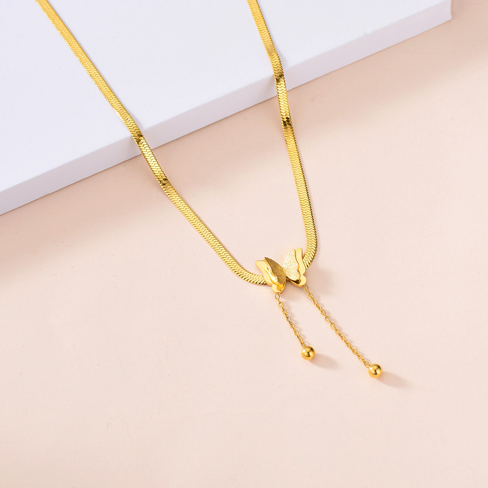 European And American Jewelry Special Interest Light Luxury Stainless Steel Real Gold Frosted Butterfly Pendant Exquisite Tassel Snake Bones Chain Clavicle Necklace display picture 24