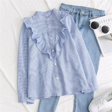 67120批发春秋装立领荷叶边条纹衬衫女韩版长袖打底宽松衬衣女装