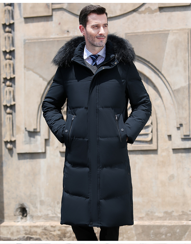 Mens Long Fur Collar Thick Business Casual Overcoats White Duck