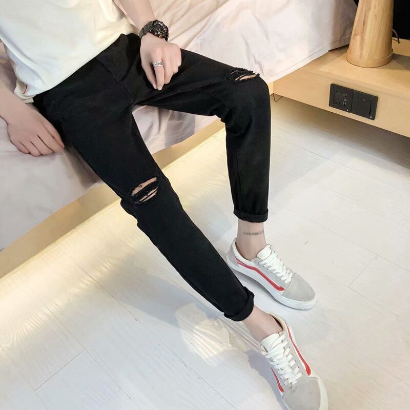 Stall ripped jeans men's Stretch Slim fit skinny pants men's Korean-style trendy cropped black cropped pants