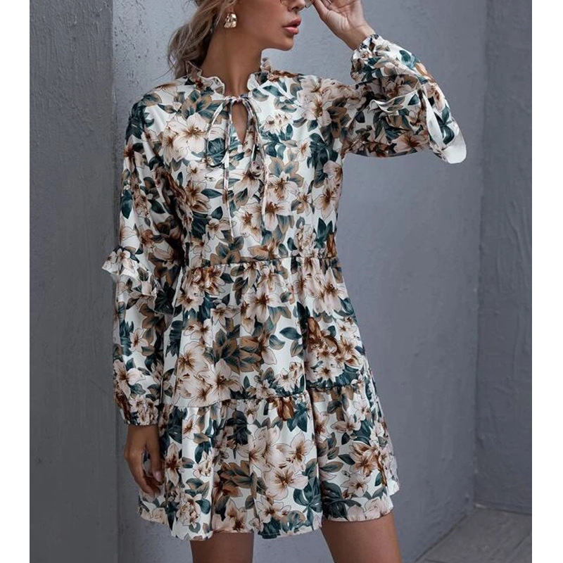 new ruffled V-neck lace puff sleeve printed long-sleeved dress NSYD3737