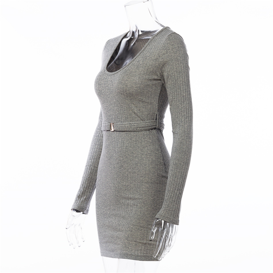 New Fashion Hot Sale Sexy V-neck Knitted Long-sleeved Short Skirt Slim Belt Bag Hip Dress Wholesale display picture 6