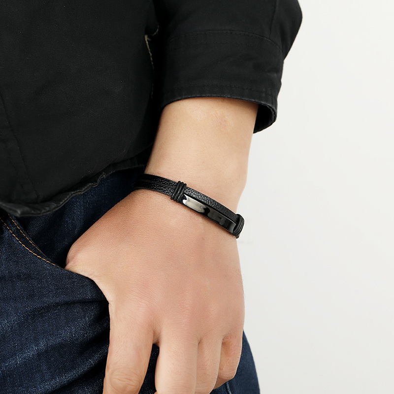 simple smooth stainless steel menu0027s leather bracelet