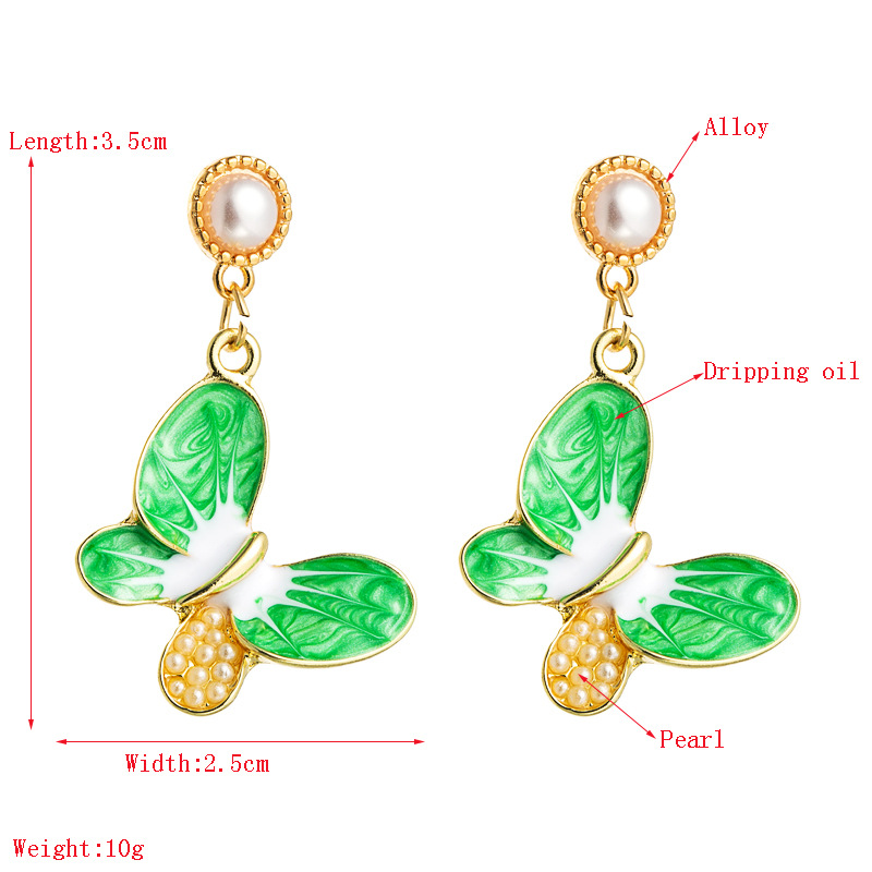 S925 Silver Needle Earrings Korean Alloy Drop Oil Inlaid Pearl Butterfly Earrings For Girl Fashion Heart Earrings display picture 1