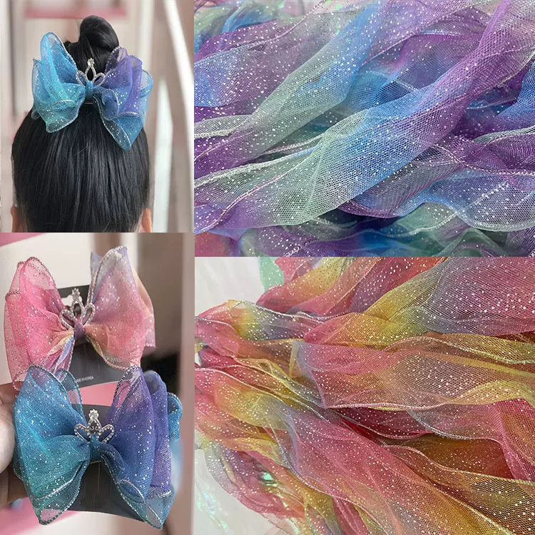 厂家直供8cm渐变彩虹网纱拷边手工发饰材料蝴蝶结配件拷银边