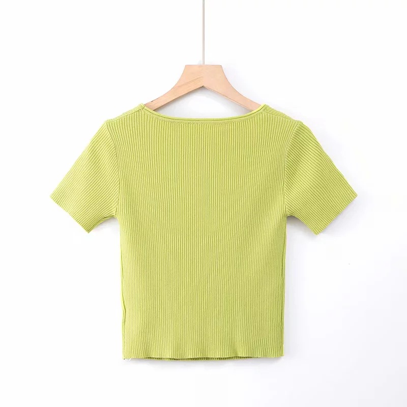 chest opening knitted solid color T-shirt  NSHS23781