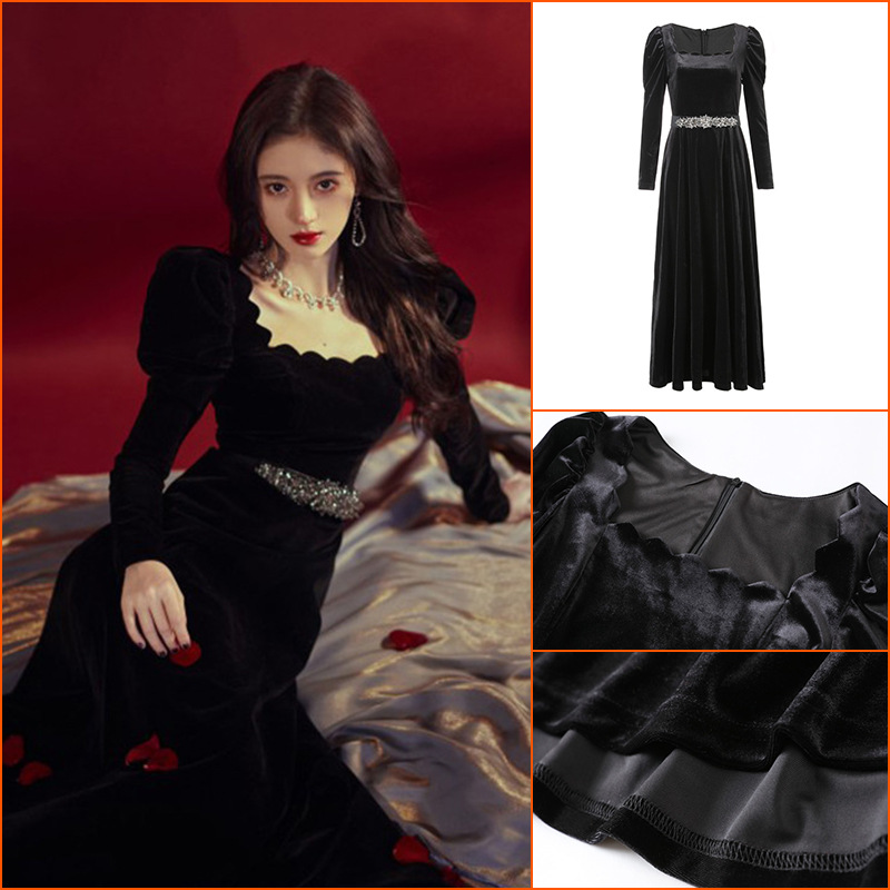 鞠婧祎同款秋冬花边显瘦裙子法式复古黑色丝绒年会礼服裙连衣裙女
