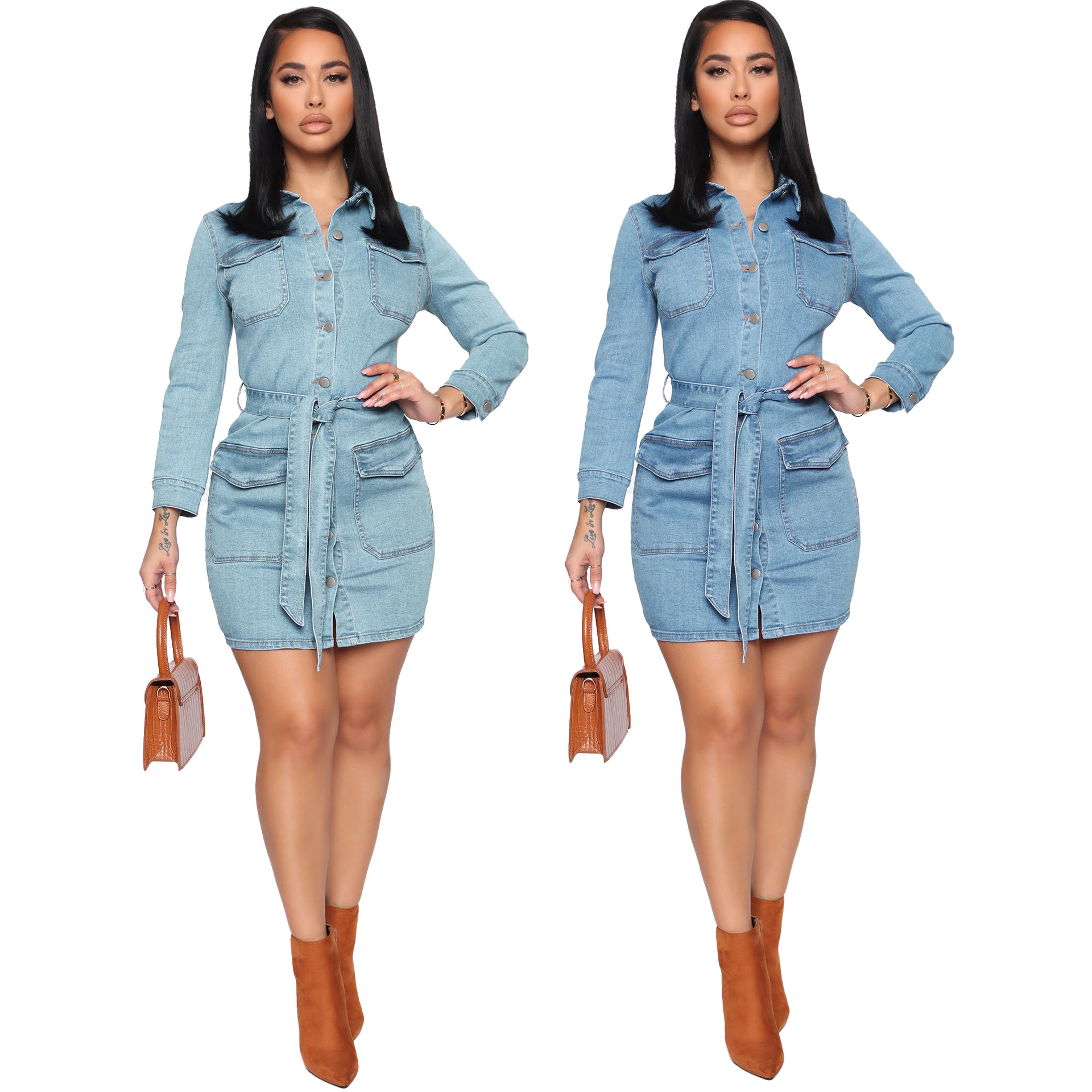 Single-Breasted Slim Denim Long Sleeve Dress NSMRF116565