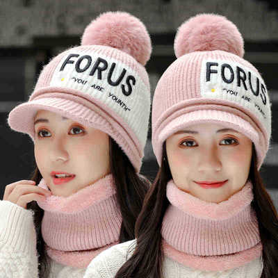 女士鸭舌帽秋冬保暖时尚百搭防寒女帽加绒护脖针织帽围脖二件套潮|ru