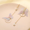 Fashionable long asymmetrical metal earrings from pearl, Japanese and Korean, simple and elegant design