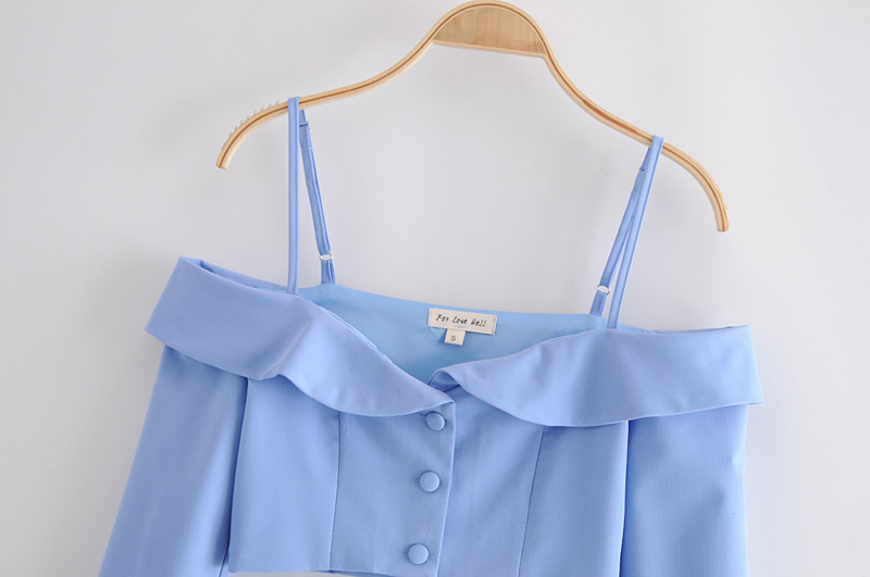  blue strapless long-sleeved one-line neck suspender top NSAM3080