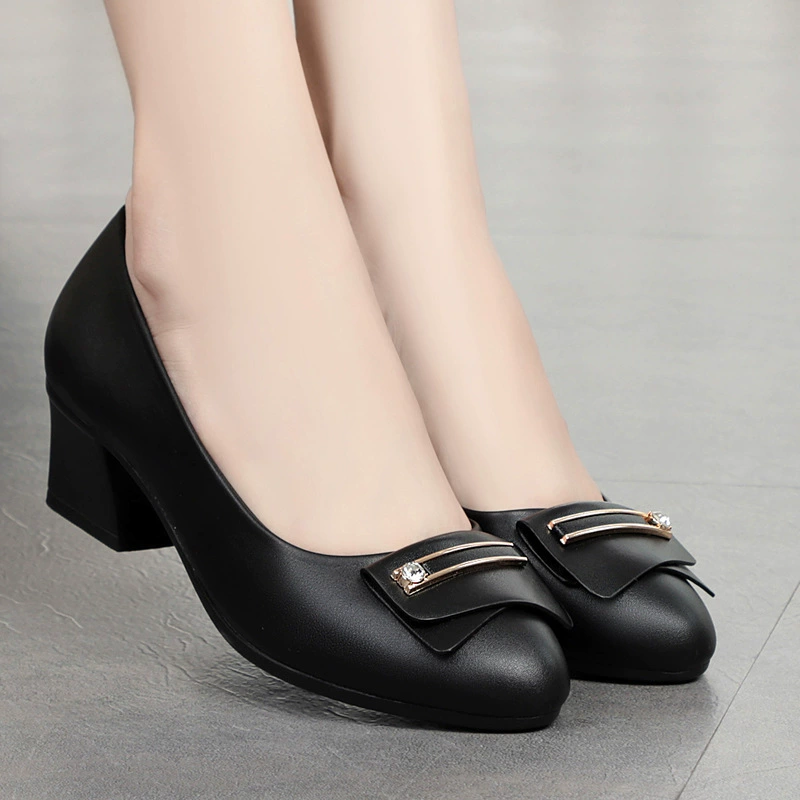 Модные туфли с мелким ртом, женская новая рабочая обувь, женские черные туфли на толстом каблуке, женская обувь с круглым носком, рисовые белые туфли для подиума
