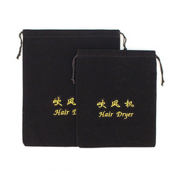 Eco-friendly drawstring gift hotel hair dryer sleeve pouch with golden embroidery black plush bag packaging