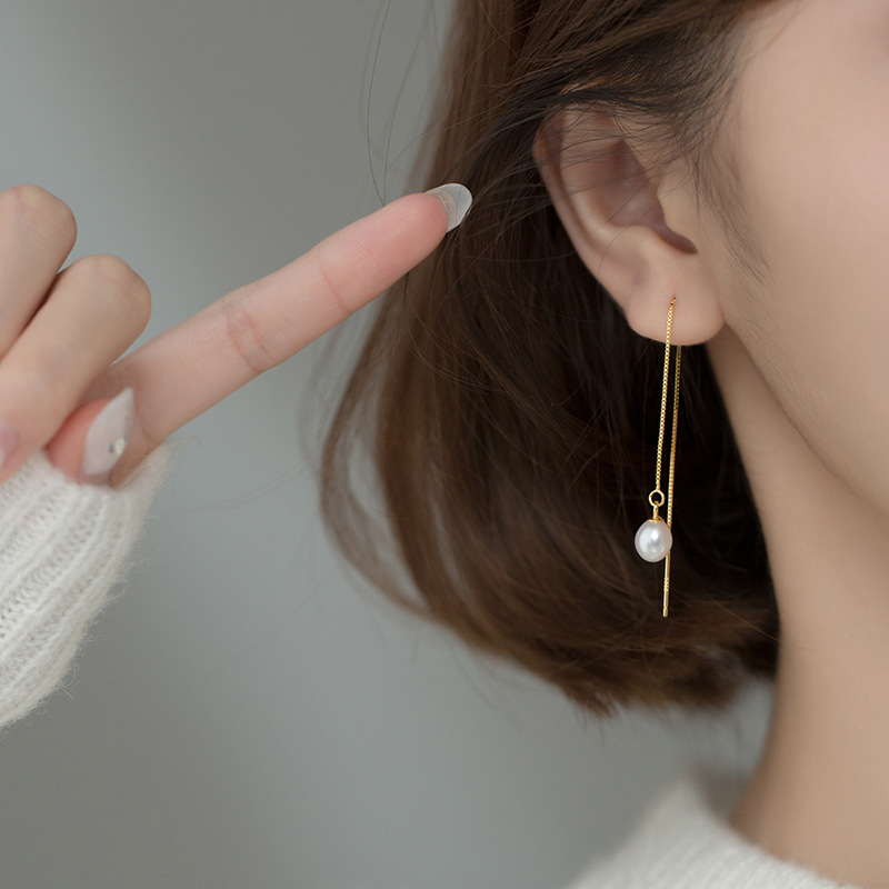 Eloch s925 plata coreana gota de agua dulce perla simple orejas femenina pendientes de orejas largos G7693