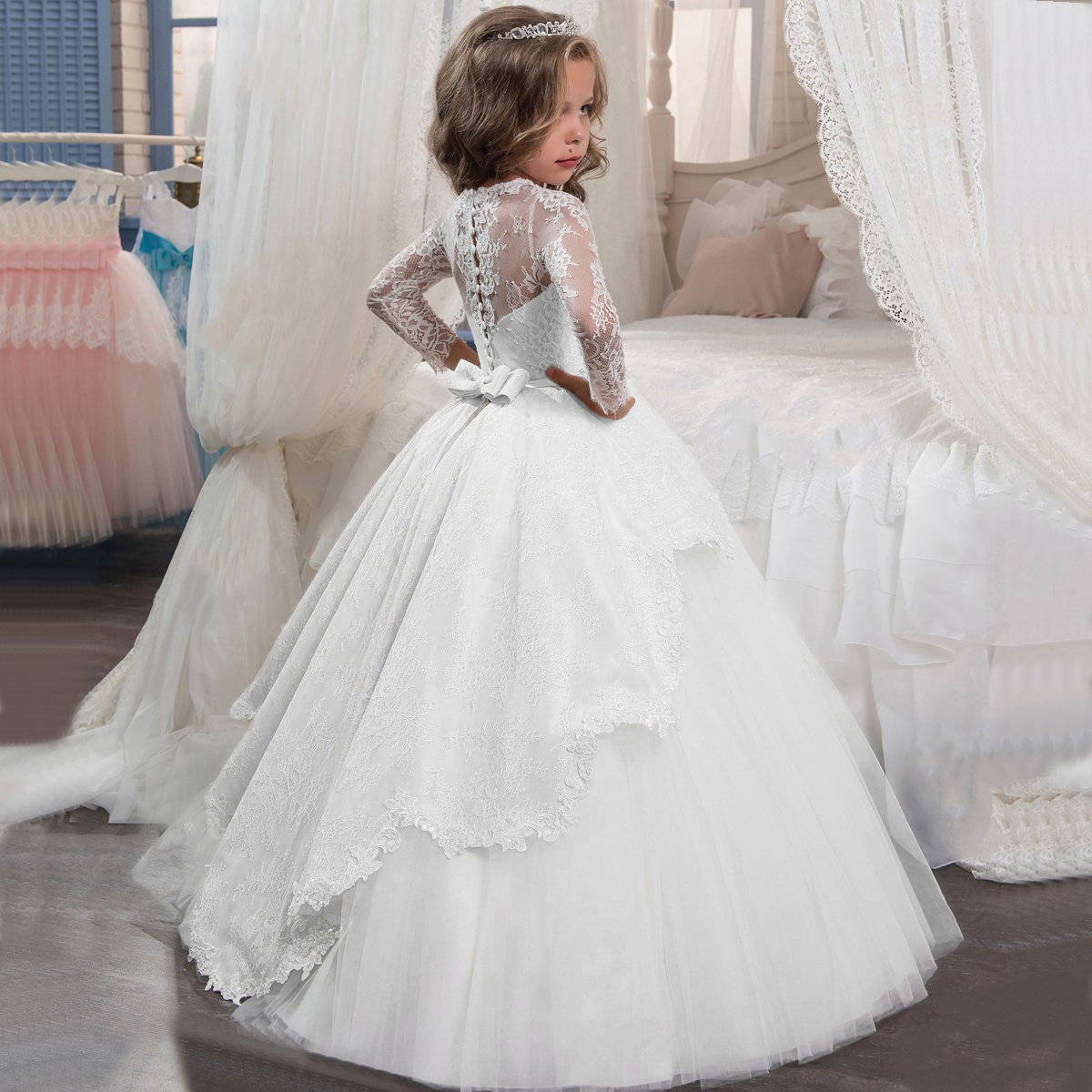 Vestidos de novia para niñas de estilo europeo y americano para comercio transfronterizo, vestido largo de princesa con encaje y mangas largas para otoño e invierno, ropa infantil.