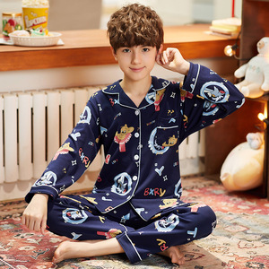 男童纯棉睡衣长袖秋冬季中大小男孩开衫空调房休闲睡衣套装长袖