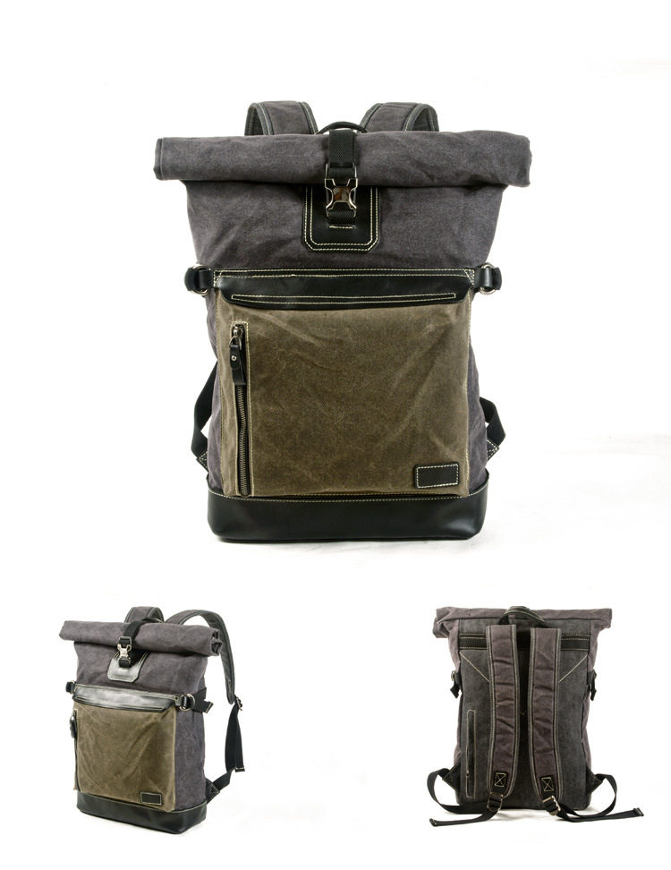 Canvas & Leather Backpack Bag Grey, Green