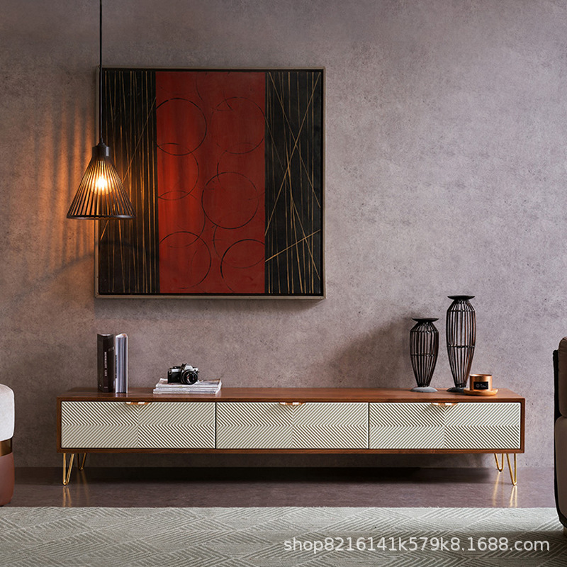 北欧轻奢电视柜茶几组合现代简约小户型客厅家具胡桃木色实木地柜