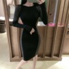 Round neck bright silk stitching slim wrap hip short skirt knitted skirt long sleeve dress