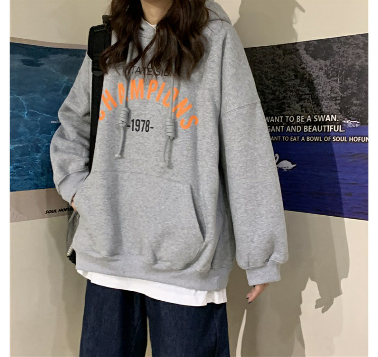 Felpa con cappuccio sottile con stampa di lettere in stile coreano, autunno 2025, da donna, versatile e ampia, per studenti_voghion.com