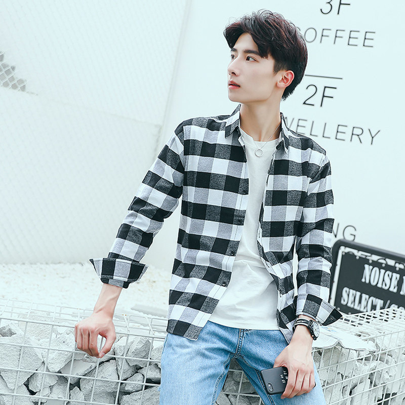 2020 camisa a cuadros de manga larga de estilo coreano de los hombres slim fit juventud moda guapo camisa pareja casual Camisa delgada