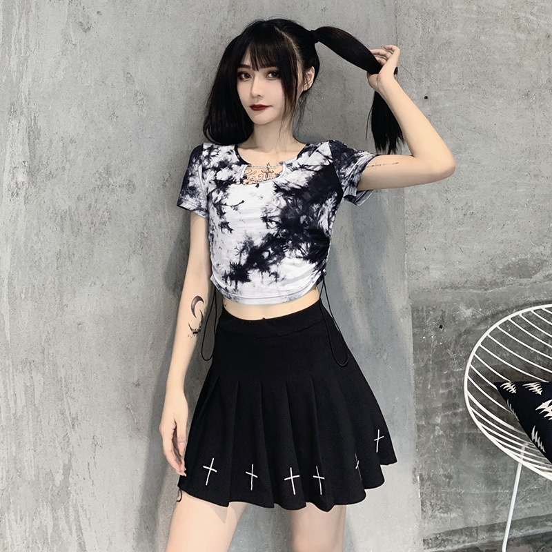 Short Tie-Dye U-Neck Iron Chain Short-Sleeved T-Shirt NSGYB97759