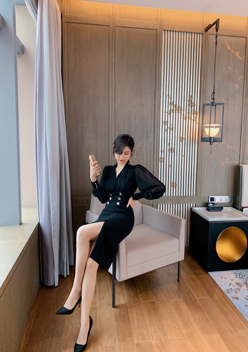 Đầm voan phối hai mảnh bất đối xứng kiểu mới — Màu đen chi tiết 2